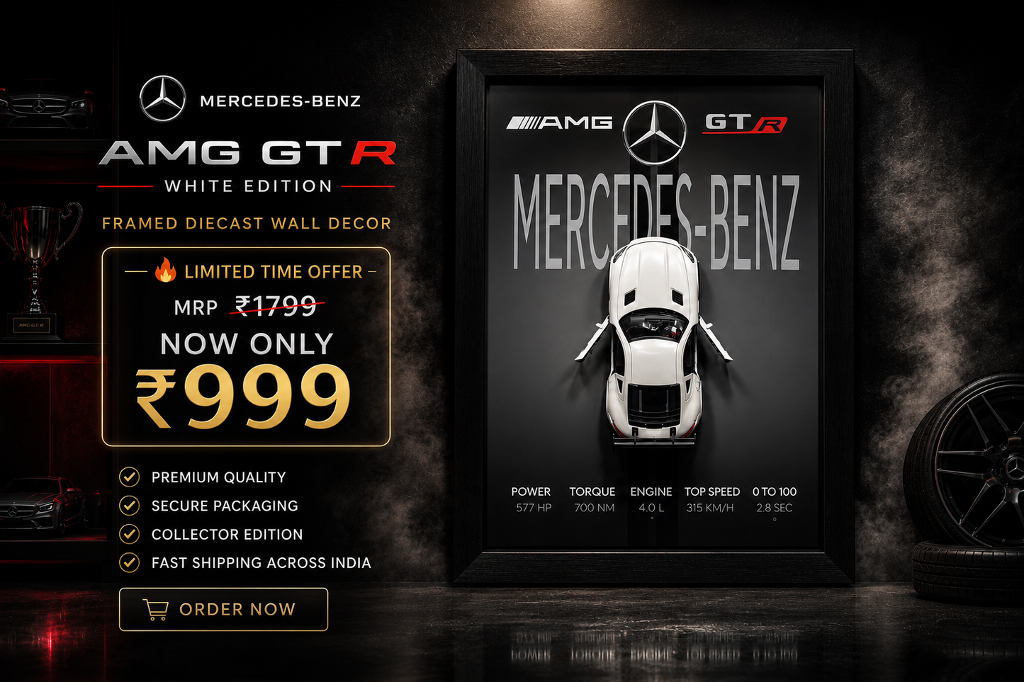 Mercedes-Benz AMG GT R 3D Diecast Wall Frame – Premium Sports Car Decor