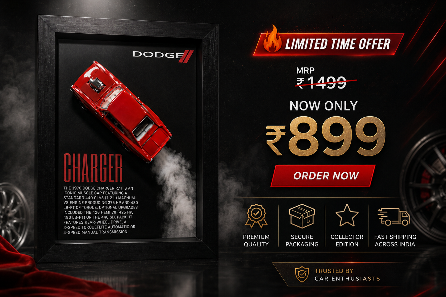 Dodge Charger R/T 1970 3D Diecast Wall Frame – Premium Muscle Car Decor