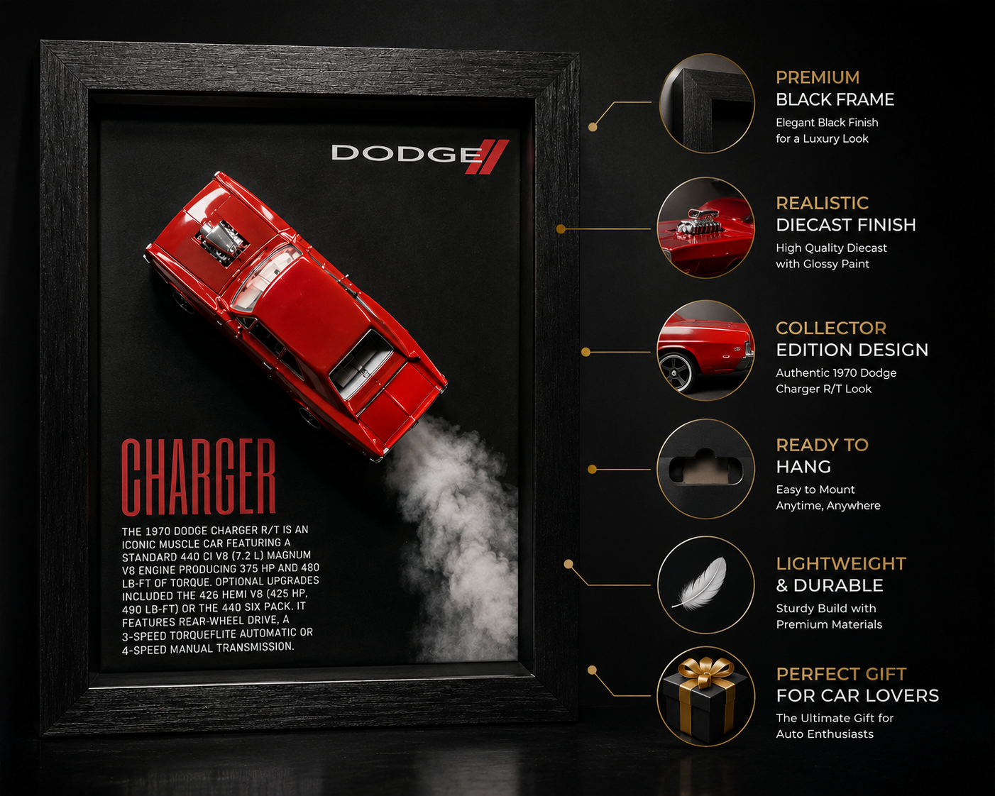 Dodge Charger R/T 1970 3D Diecast Wall Frame – Premium Muscle Car Decor